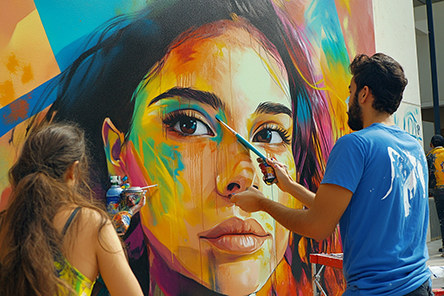 Young artists painting a mural