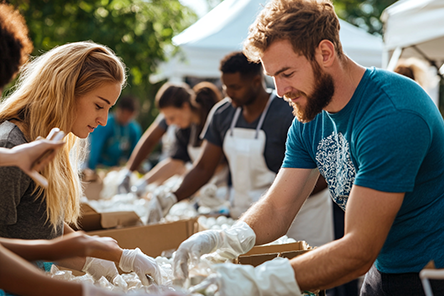 A group volunteers helping prepare food