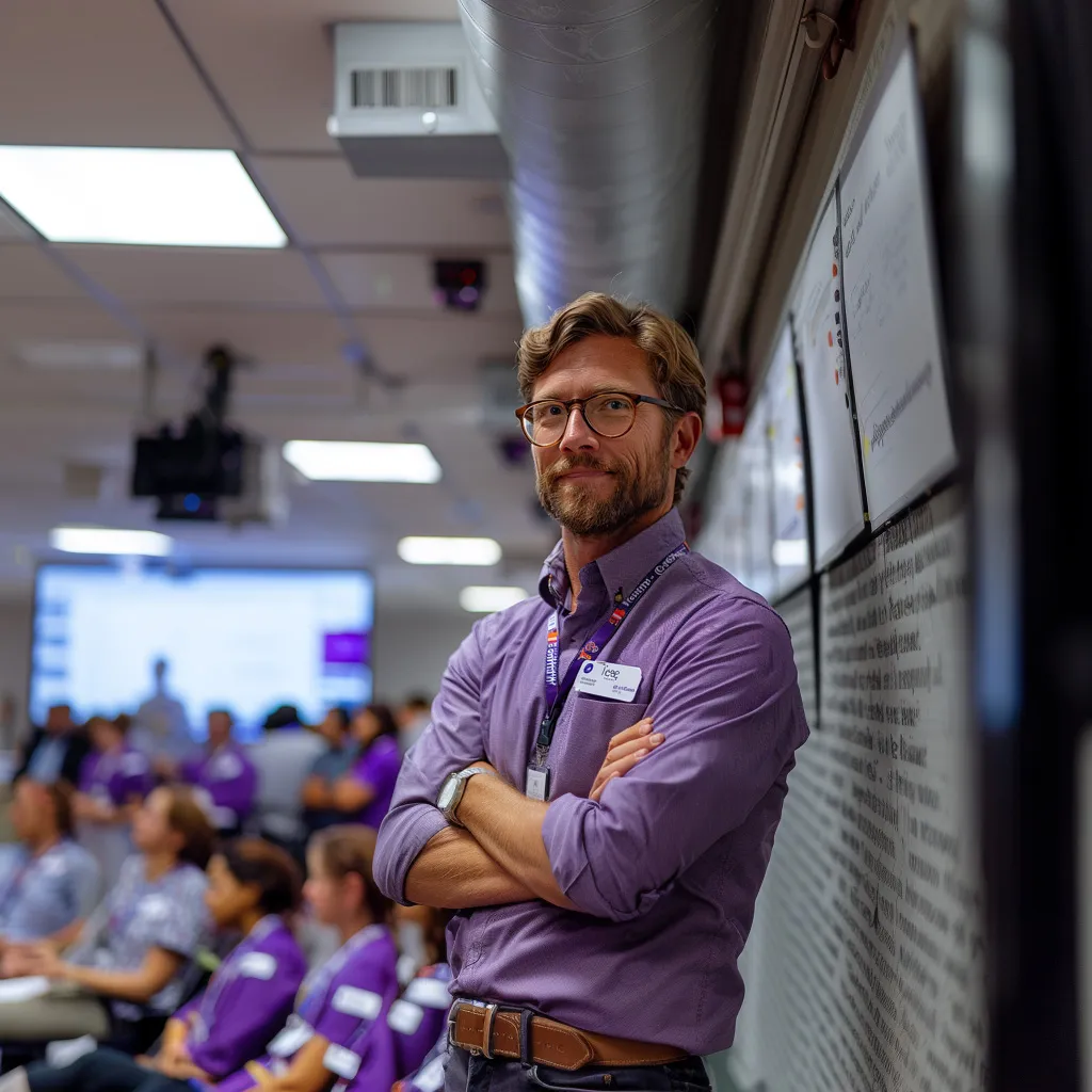 A confident session speaker with his arms crossed